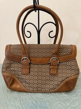 Brown Signature Coach Canvas Tote with Leather Trim